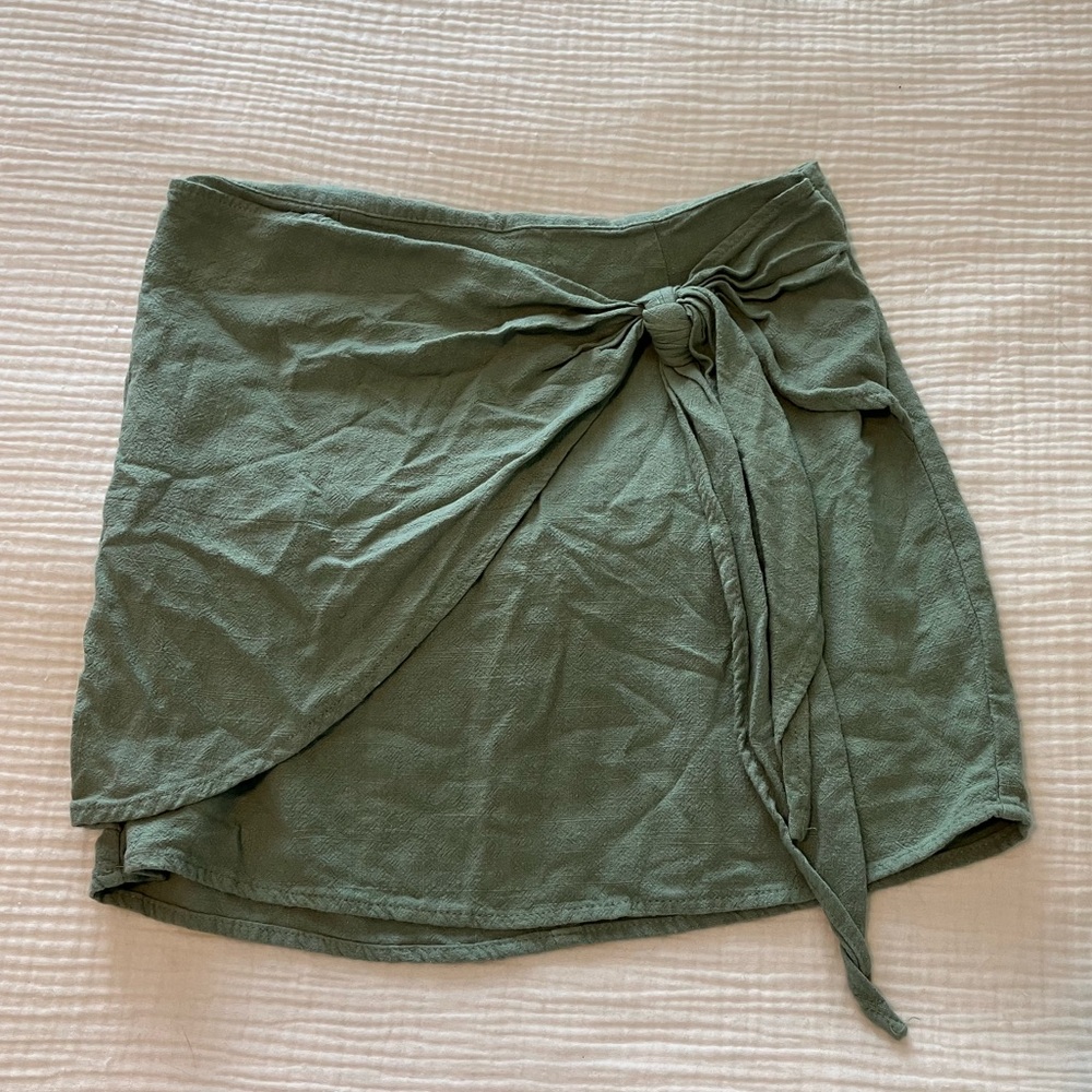 Blue Rain Wrap Mini Skirt Green Size Small Linen